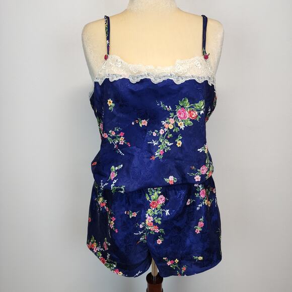 Vintage Inner Most Floral Satin Pajama Set Size XL Blue Lace Trim Chemise Shorts - Picture 1 of 16
